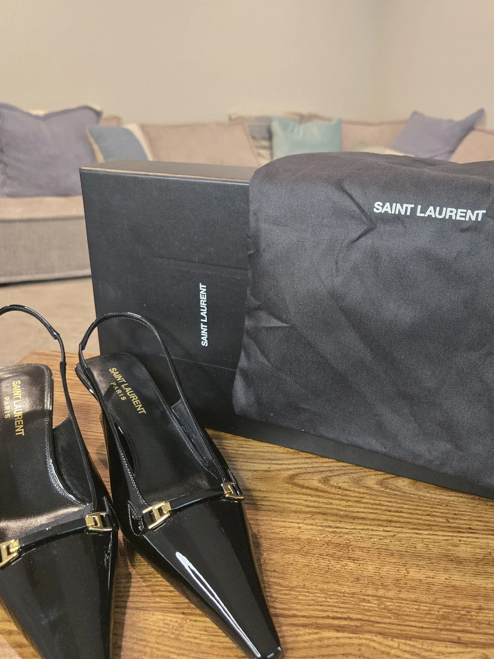 Saint Laurent Black Patent Slingback Pumps with Gold Accent - Picture 10 of 11